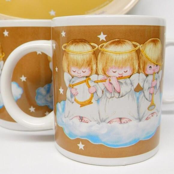 5 Piece Hallmark Mugs Peace Love Joy Angels Metal Tray Serving Tray 1992 Vintage - Picture 5 of 8